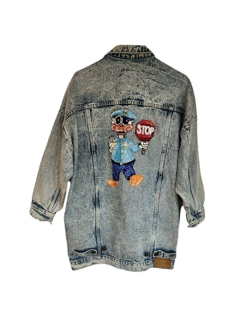 Vintage 80’s Upcycled WHIPP Oversized Acid Wash Jean Jacket Sequins Donald Duck